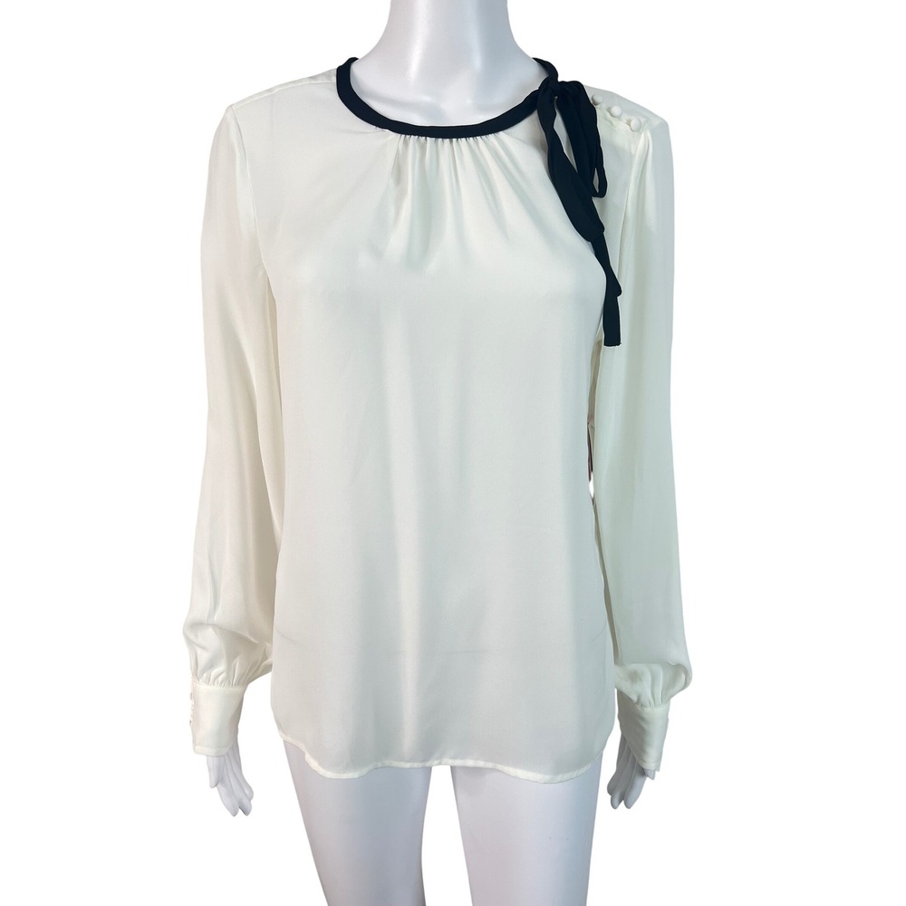 Riley & Rae Womens Small Blouse Top Soft Ecru Long Sleeve Tie Neck Whimsical NEW